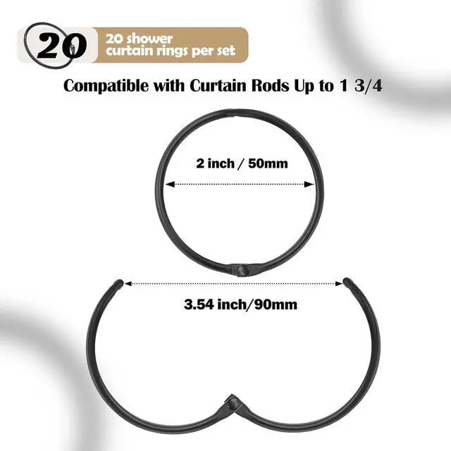 Alt view image 3 of 6 - 20Pcs Shower Curtain Hooks,Metal Round Shower Curtain Hooks Roman Rings | Rustproof Decorative Shower Curtain Rings for Bathroom, Bathtub, Window, Balcony (20, Black)