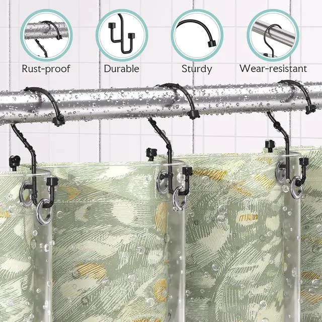 Alt view image 4 of 7 - Bathway 12-Pack Double Shower Curtain Hooks, Rust-Resistant Metal Shower Curtain Rings with High-Low Design to Separate Liner & Curtain, Smooth Glide, Black
