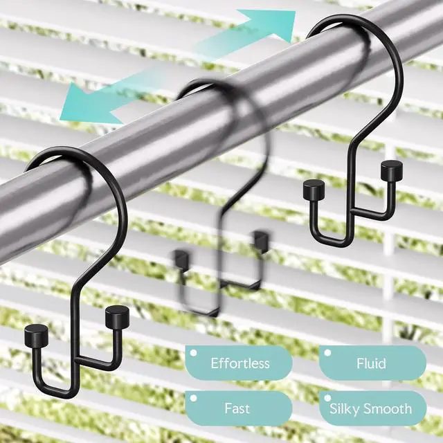 Alt view image 3 of 7 - Bathway 12-Pack Double Shower Curtain Hooks, Rust-Resistant Metal Shower Curtain Rings with High-Low Design to Separate Liner & Curtain, Smooth Glide, Black