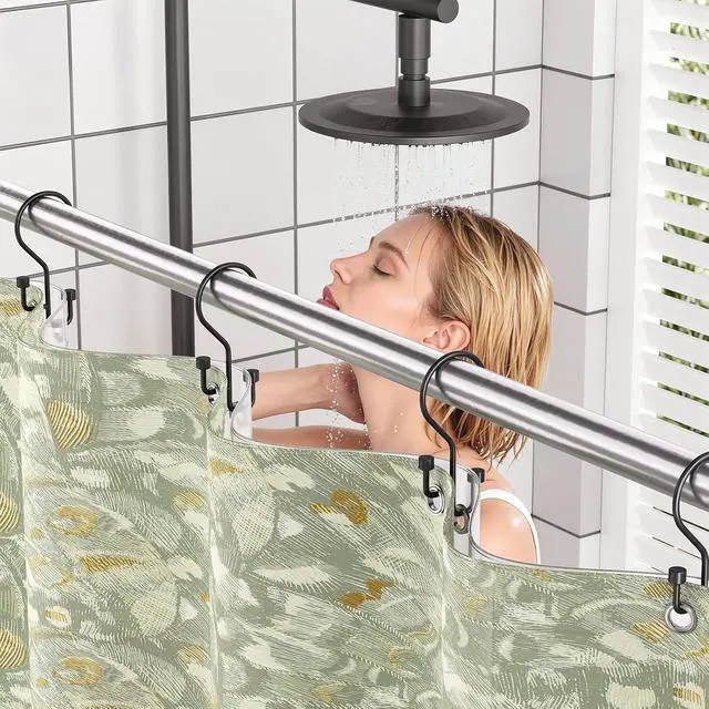 Alt view image 2 of 7 - Bathway 12-Pack Double Shower Curtain Hooks, Rust-Resistant Metal Shower Curtain Rings with High-Low Design to Separate Liner & Curtain, Smooth Glide, Black