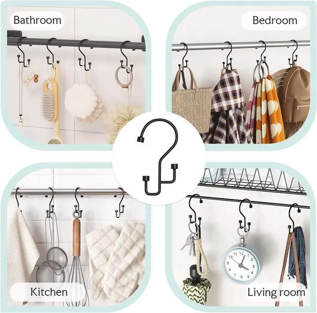 Alt view image 6 of 7 - Bathway 12-Pack Double Shower Curtain Hooks, Rust-Resistant Metal Shower Curtain Rings with High-Low Design to Separate Liner & Curtain, Smooth Glide, Black