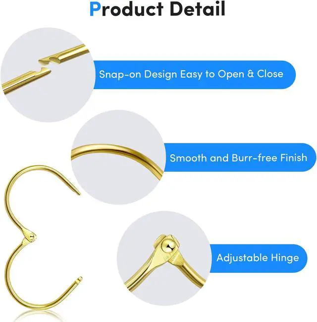 Alt view image 3 of 7 - Gold Shower Curtain Hooks Rings,ELWEY Shower Curtain Hooks Rust Proof, Metal Shower Curtain Hangers for Bathroom Shower Curtains Rods, Oval Snap Shower Rings for Curtain, Set of 12, Gold