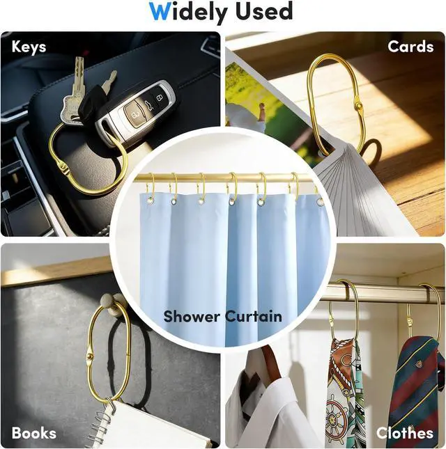Alt view image 6 of 7 - Gold Shower Curtain Hooks Rings,ELWEY Shower Curtain Hooks Rust Proof, Metal Shower Curtain Hangers for Bathroom Shower Curtains Rods, Oval Snap Shower Rings for Curtain, Set of 12, Gold