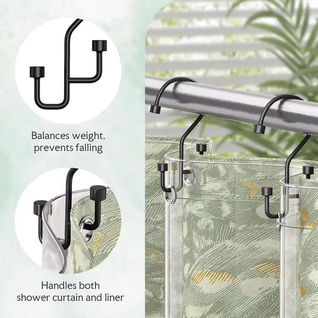 Alt view image 5 of 7 - Bathway 12-Pack Double Shower Curtain Hooks, Rust-Resistant Metal Shower Curtain Rings with High-Low Design to Separate Liner & Curtain, Smooth Glide, Black