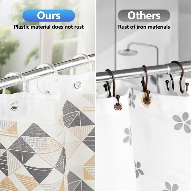 Alt view image 3 of 7 - Resze 48 PCS Shower Curtain Rings,Plastic Clear Shower Curtain Hooks,C-Shaped Rings Hook Hanger Bathroom Shower Window Rod