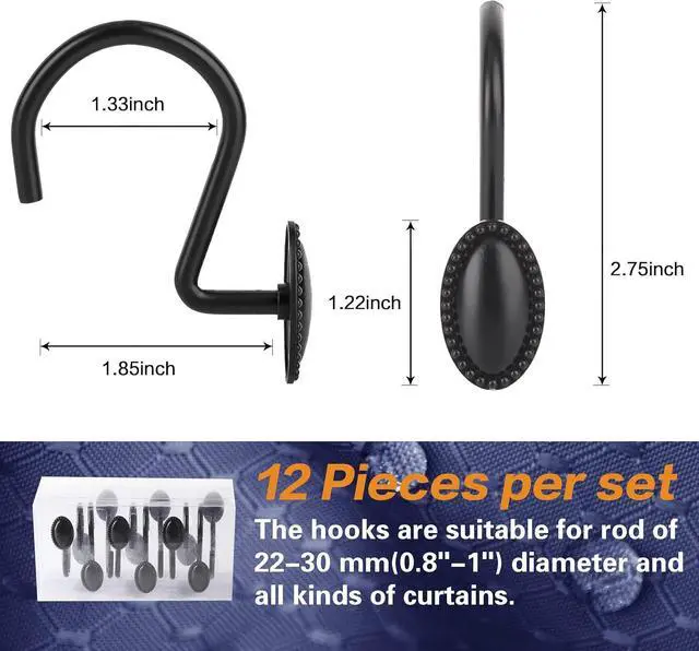Alt view image 6 of 7 - Black Shower Curtain Hooks,12Pcs Heavy Duty Rustproof Zinc | Rust Proof, Heavy Duty, Modern Decorative, Smooth Gliding, Easy to Install, For Shower Curtain and Liner
