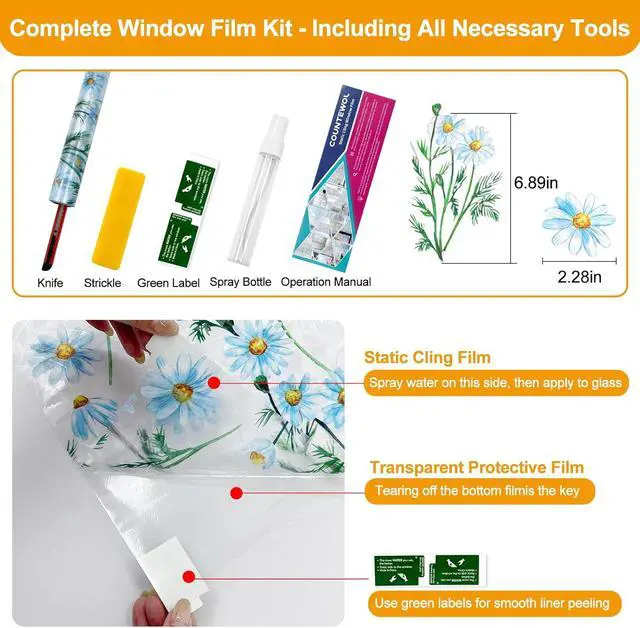Alt view image 2 of 7 - Countewol Privacy Window Films Stain Glass Cling No Glue Anti-UV Window Sticker for Bathroom Bedroom Living Room(Daisy Rainbow 78.7" L*17.5" W)