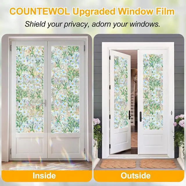 Alt view image 5 of 7 - Countewol Privacy Window Films Stain Glass Cling No Glue Anti-UV Window Sticker for Bathroom Bedroom Living Room(Daisy Rainbow 78.7" L*17.5" W)