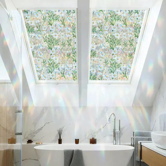 Alt view image 7 of 7 - Countewol Privacy Window Films Stain Glass Cling No Glue Anti-UV Window Sticker for Bathroom Bedroom Living Room(Daisy Rainbow 78.7" L*17.5" W)