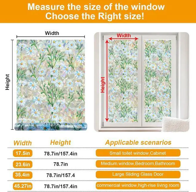 Alt view image 6 of 7 - Countewol Privacy Window Films Stain Glass Cling No Glue Anti-UV Window Sticker for Bathroom Bedroom Living Room(Daisy Rainbow 78.7" L*17.5" W)