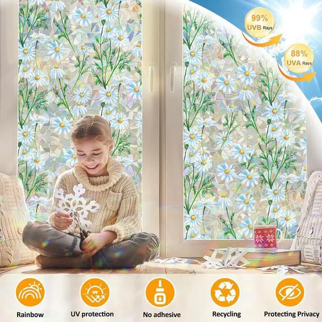 Alt view image 3 of 7 - Countewol Privacy Window Films Stain Glass Cling No Glue Anti-UV Window Sticker for Bathroom Bedroom Living Room(Daisy Rainbow 78.7" L*17.5" W)