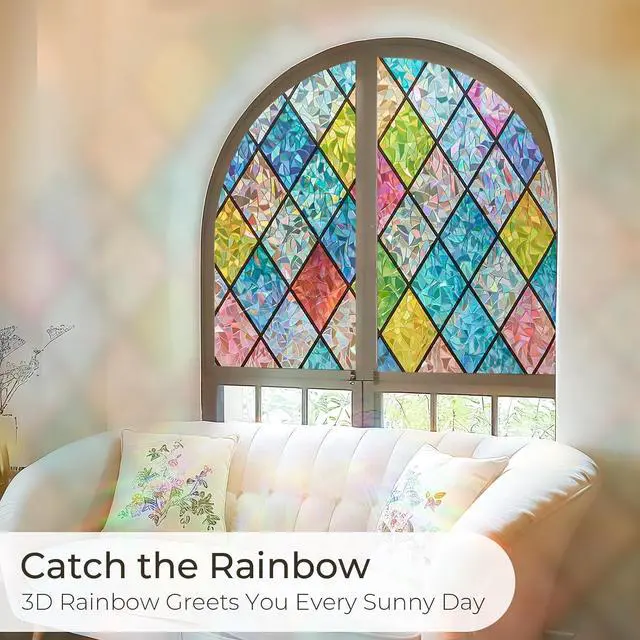 Alt view image 2 of 7 - Beautsaid Window Privacy Film Stained Glass(Lattice,17.7 x 78.7 inches) | Rainbow Window Film Decorative for Bathroom, Peel and Stick Window Cling Removable