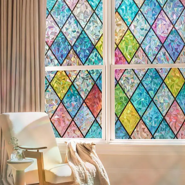 Alt view image 5 of 7 - Beautsaid Window Privacy Film Stained Glass(Lattice,17.7 x 78.7 inches) | Rainbow Window Film Decorative for Bathroom, Peel and Stick Window Cling Removable