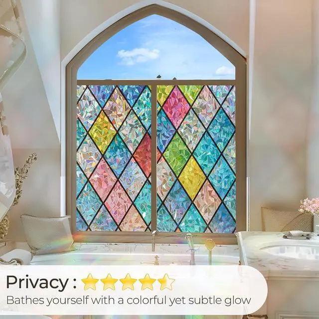Alt view image 3 of 7 - Beautsaid Window Privacy Film Stained Glass(Lattice,17.7 x 78.7 inches) | Rainbow Window Film Decorative for Bathroom, Peel and Stick Window Cling Removable
