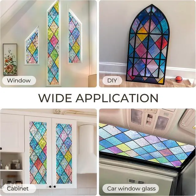 Alt view image 6 of 7 - Beautsaid Window Privacy Film Stained Glass(Lattice,17.7 x 78.7 inches) | Rainbow Window Film Decorative for Bathroom, Peel and Stick Window Cling Removable