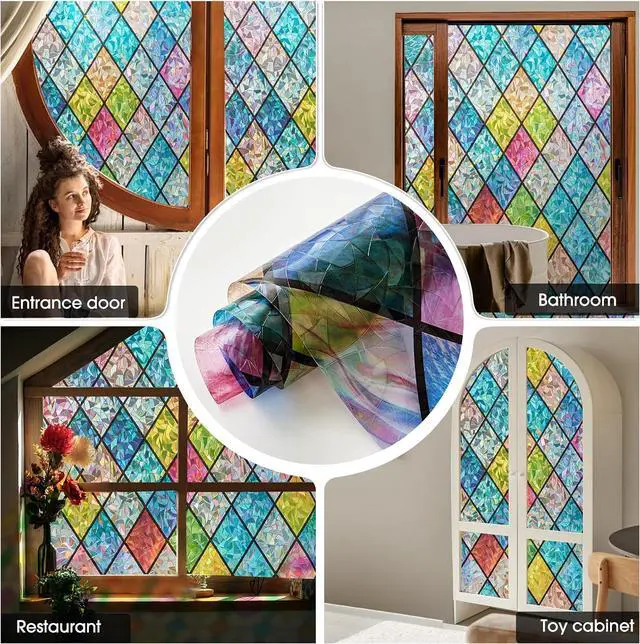 Alt view image 7 of 7 - Beautsaid Window Privacy Film Stained Glass(Lattice,17.7 x 78.7 inches) | Rainbow Window Film Decorative for Bathroom, Peel and Stick Window Cling Removable