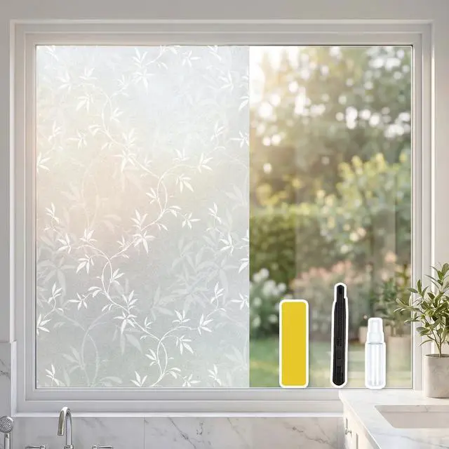 Main image of Bamboo Leaf Privacy Window Film, Frosted Static Cling Sparkle 17.5"x78.7" | UV blocking, removable & reusable. Sparkle effect adds elegant decor. Ideal for bathroom, home office, living room