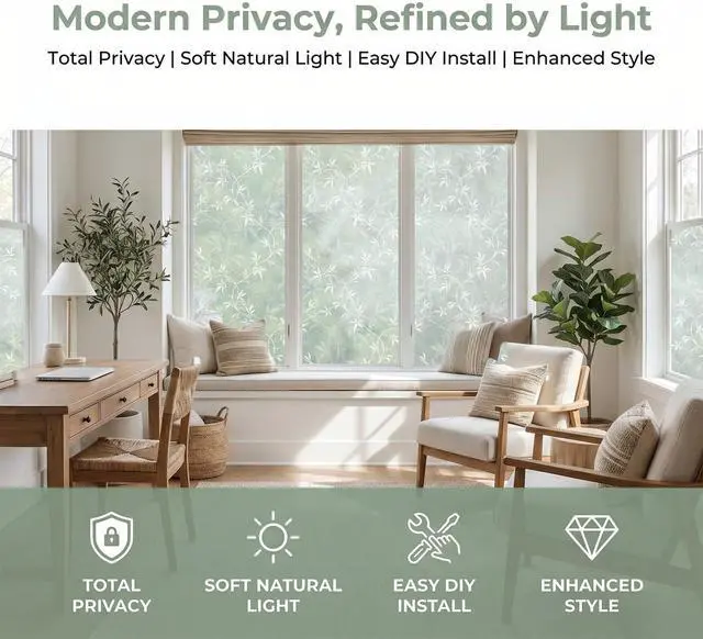 Alt view image 3 of 6 - Bamboo Leaf Privacy Window Film, Frosted Static Cling Sparkle 17.5"x78.7" | UV blocking, removable & reusable. Sparkle effect adds elegant decor. Ideal for bathroom, home office, living room