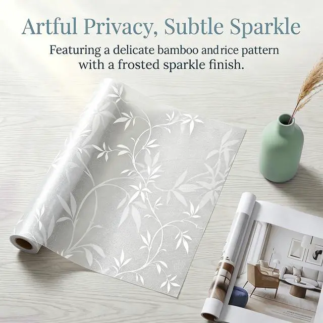 Alt view image 2 of 6 - Bamboo Leaf Privacy Window Film, Frosted Static Cling Sparkle 17.5"x78.7" | UV blocking, removable & reusable. Sparkle effect adds elegant decor. Ideal for bathroom, home office, living room
