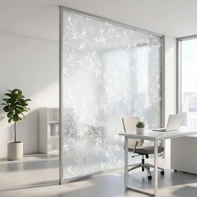 Alt view image 4 of 6 - Bamboo Leaf Privacy Window Film, Frosted Static Cling Sparkle 17.5"x78.7" | UV blocking, removable & reusable. Sparkle effect adds elegant decor. Ideal for bathroom, home office, living room