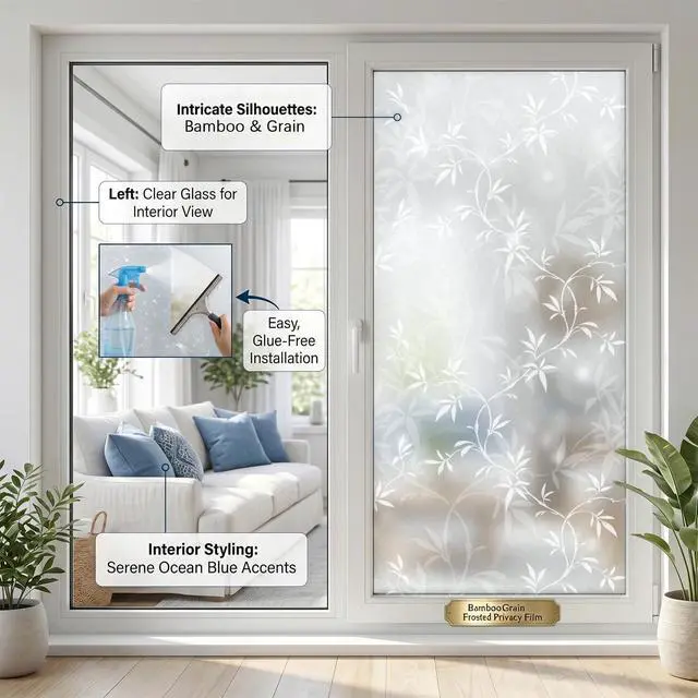 Alt view image 5 of 6 - Bamboo Leaf Privacy Window Film, Frosted Static Cling Sparkle 17.5"x78.7" | UV blocking, removable & reusable. Sparkle effect adds elegant decor. Ideal for bathroom, home office, living room
