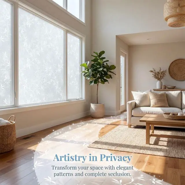 Alt view image 6 of 6 - Bamboo Leaf Privacy Window Film, Frosted Static Cling Sparkle 17.5"x78.7" | UV blocking, removable & reusable. Sparkle effect adds elegant decor. Ideal for bathroom, home office, living room