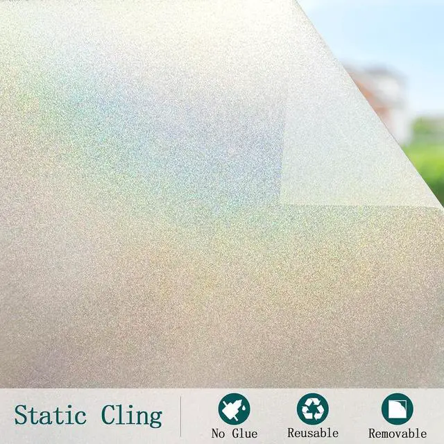 Alt view image 6 of 7 - Window Privacy Film, Frosted Stained Glass Window Film, Static Cling Non-Adhesive Heat Control UV Blocking Window Clings Sticker Decorative for Bathroom Home Door 17.5" x 78.7"