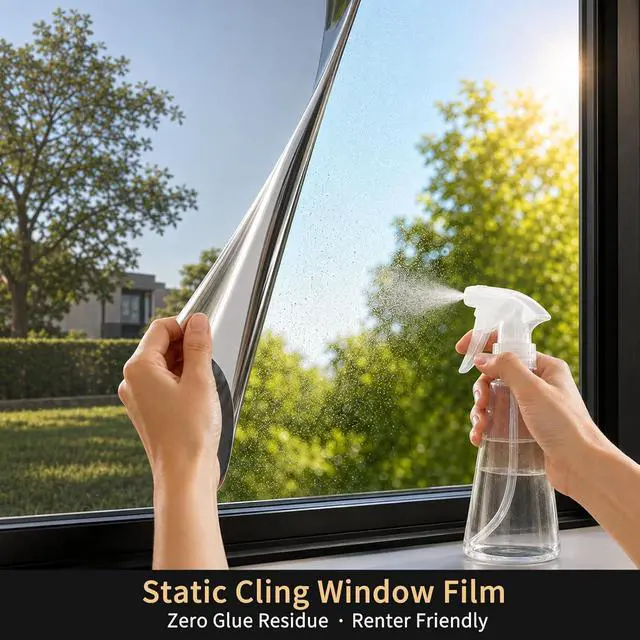 Alt view image 5 of 7 - FILMGOO One Way Privacy Window Film Heat Control Mirror Tint 17.5"×94.48" | Window Tint for Home Daytime Privacy, See Out Not In Mirror Film, Static Cling No Glue, Heat Blocking UV Protection