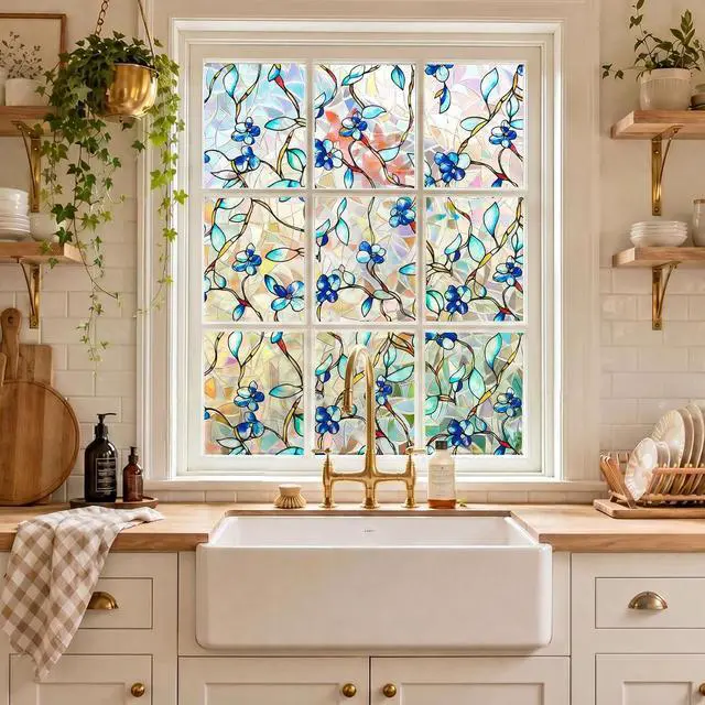 Alt view image 2 of 7 - Rainbow Window Privacy Film, Heat & UV Blocking Stained Glass Static Cling with Blue Vine Floral Pattern for Home, Bathroom Window or Door (Installation Tools, 17.5"×78.7")