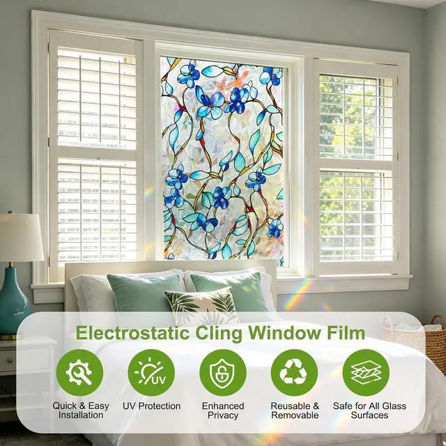 Alt view image 3 of 7 - Rainbow Window Privacy Film, Heat & UV Blocking Stained Glass Static Cling with Blue Vine Floral Pattern for Home, Bathroom Window or Door (Installation Tools, 17.5"×78.7")