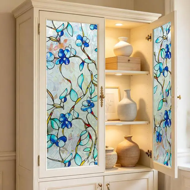 Alt view image 4 of 7 - Rainbow Window Privacy Film, Heat & UV Blocking Stained Glass Static Cling with Blue Vine Floral Pattern for Home, Bathroom Window or Door (Installation Tools, 17.5"×78.7")