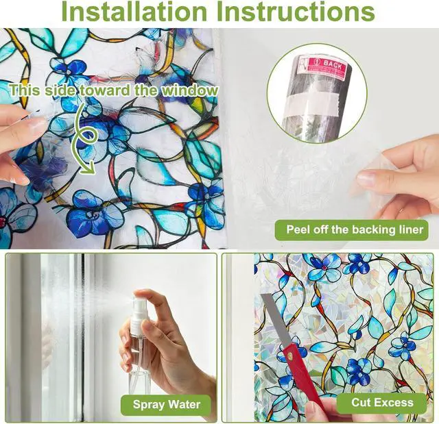 Alt view image 5 of 7 - Rainbow Window Privacy Film, Heat & UV Blocking Stained Glass Static Cling with Blue Vine Floral Pattern for Home, Bathroom Window or Door (Installation Tools, 17.5"×78.7")
