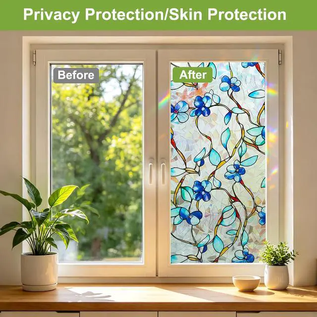 Alt view image 6 of 7 - Rainbow Window Privacy Film, Heat & UV Blocking Stained Glass Static Cling with Blue Vine Floral Pattern for Home, Bathroom Window or Door (Installation Tools, 17.5"×78.7")