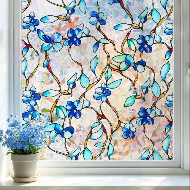 Main image of Rainbow Window Privacy Film, Heat & UV Blocking Stained Glass Static Cling with Blue Vine Floral Pattern for Home, Bathroom Window or Door (Installation Tools, 17.5"×78.7")