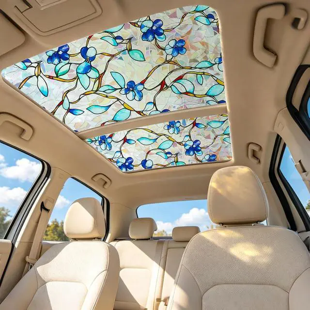 Alt view image 7 of 7 - Rainbow Window Privacy Film, Heat & UV Blocking Stained Glass Static Cling with Blue Vine Floral Pattern for Home, Bathroom Window or Door (Installation Tools, 17.5"×78.7")