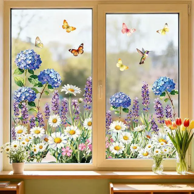 Main image of Whaline 6 Sheet Spring Flower Window Clings Window Decal Hydrangea Lavender Daisy Floral Butterfly Reusable Anti-Collision Windows Decor for Office School Home Party Supplies
