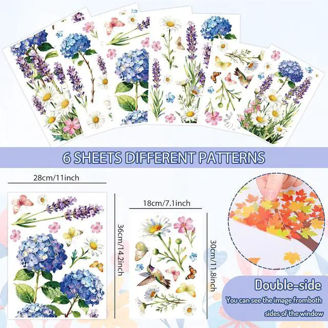 Alt view image 2 of 7 - Whaline 6 Sheet Spring Flower Window Clings Window Decal Hydrangea Lavender Daisy Floral Butterfly Reusable Anti-Collision Windows Decor for Office School Home Party Supplies