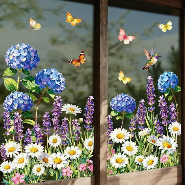 Alt view image 3 of 7 - Whaline 6 Sheet Spring Flower Window Clings Window Decal Hydrangea Lavender Daisy Floral Butterfly Reusable Anti-Collision Windows Decor for Office School Home Party Supplies