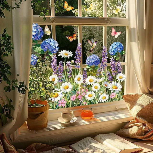 Alt view image 4 of 7 - Whaline 6 Sheet Spring Flower Window Clings Window Decal Hydrangea Lavender Daisy Floral Butterfly Reusable Anti-Collision Windows Decor for Office School Home Party Supplies
