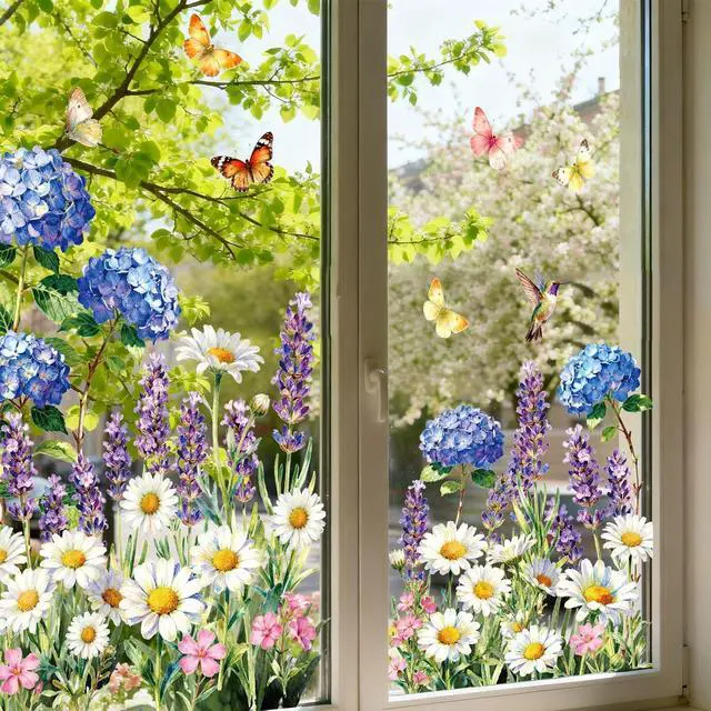 Alt view image 5 of 7 - Whaline 6 Sheet Spring Flower Window Clings Window Decal Hydrangea Lavender Daisy Floral Butterfly Reusable Anti-Collision Windows Decor for Office School Home Party Supplies