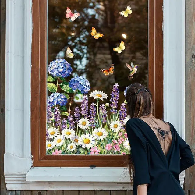 Alt view image 6 of 7 - Whaline 6 Sheet Spring Flower Window Clings Window Decal Hydrangea Lavender Daisy Floral Butterfly Reusable Anti-Collision Windows Decor for Office School Home Party Supplies