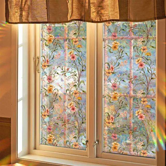 Alt view image 7 of 7 - Stained Glass Window Film,17.5" x 78.7" Window Privacy Films | Thicken Rainbow Window Clings, Static Cling Removable Renter-Friendly, UV Sun Blocking Heat Control Stickers for Home Doors