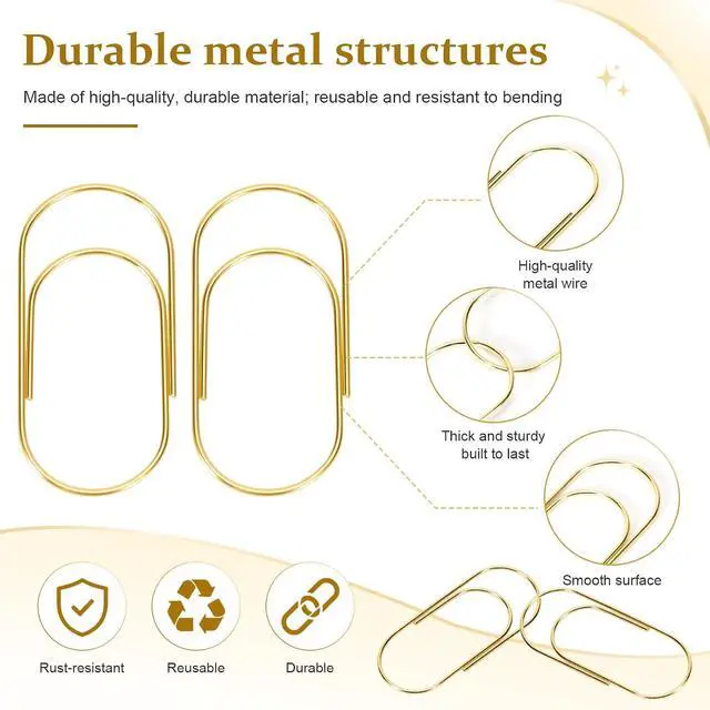 Alt view image 3 of 7 - 20 Pcs Jumbo Paper Clips 2 Inch (50mm), Large Gold Paperclips, Non-Skid Smooth Steel Wire, Oversized Wide Clips for Office School Planner Bookmarks