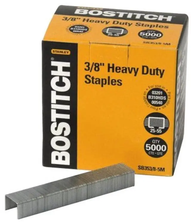 Main image of Bostitch Office Heavy Duty Premium Staples, 25-55 Sheets, 0.375 Inch Leg, 5,000 Per Box (SB353/8-5M)