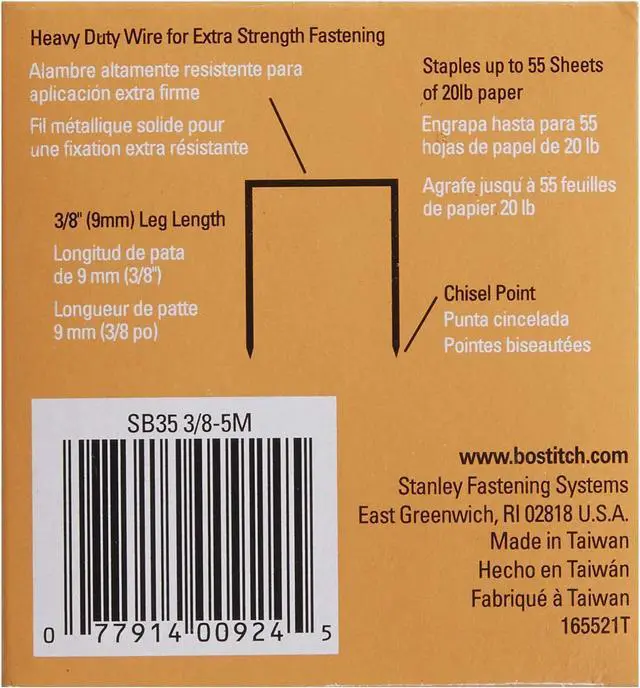Alt view image 2 of 4 - Bostitch Office Heavy Duty Premium Staples, 25-55 Sheets, 0.375 Inch Leg, 5,000 Per Box (SB353/8-5M)