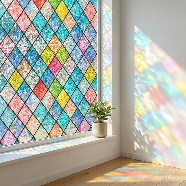 Main image of Coavas Rainbow Stained Glass Window Film Privacy Static Cling, 17.5"x78.7" | Decorative Coverings Vinyl, No Glue Removable Lattice Stickers, UV Heat Blocking, Colorful Decals for Bathroom Door Home