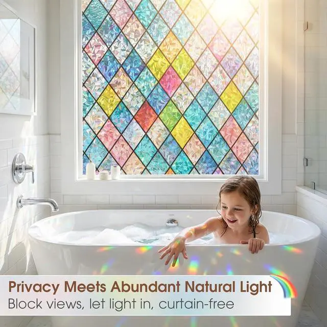 Alt view image 3 of 7 - Coavas Rainbow Stained Glass Window Film Privacy Static Cling, 17.5"x78.7" | Decorative Coverings Vinyl, No Glue Removable Lattice Stickers, UV Heat Blocking, Colorful Decals for Bathroom Door Home