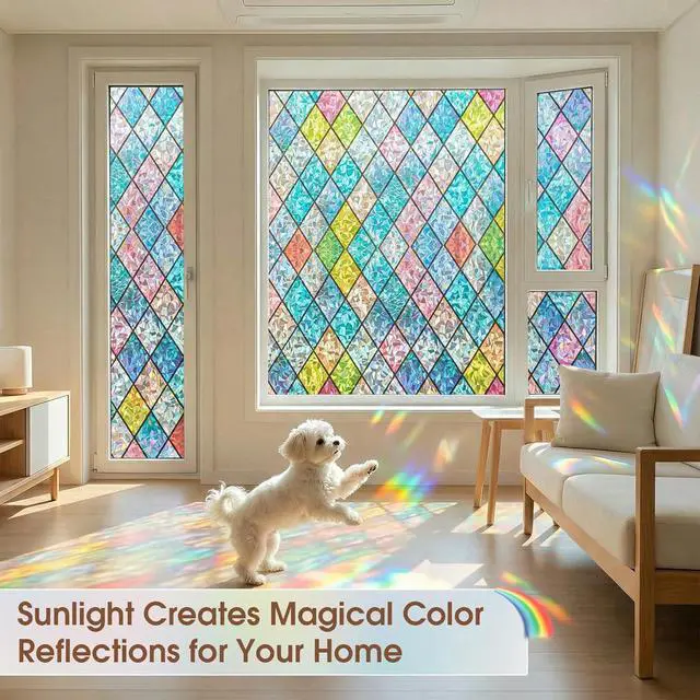Alt view image 2 of 7 - Coavas Rainbow Stained Glass Window Film Privacy Static Cling, 17.5"x78.7" | Decorative Coverings Vinyl, No Glue Removable Lattice Stickers, UV Heat Blocking, Colorful Decals for Bathroom Door Home