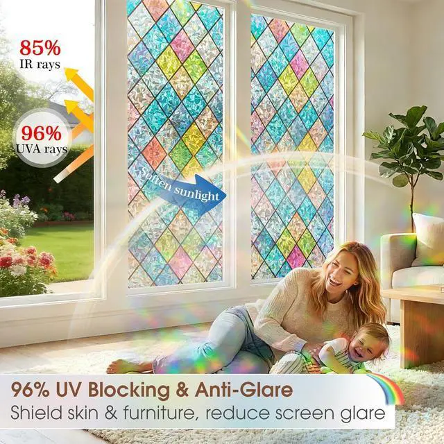 Alt view image 4 of 7 - Coavas Rainbow Stained Glass Window Film Privacy Static Cling, 17.5"x78.7" | Decorative Coverings Vinyl, No Glue Removable Lattice Stickers, UV Heat Blocking, Colorful Decals for Bathroom Door Home