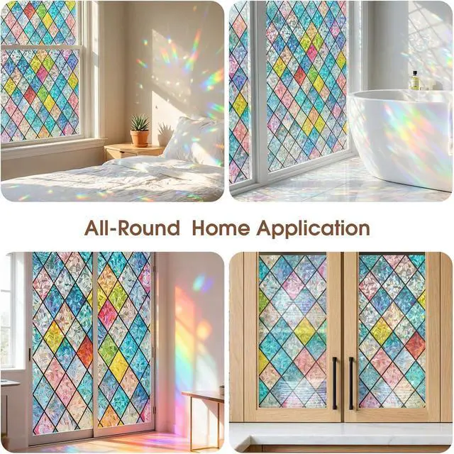 Alt view image 6 of 7 - Coavas Rainbow Stained Glass Window Film Privacy Static Cling, 17.5"x78.7" | Decorative Coverings Vinyl, No Glue Removable Lattice Stickers, UV Heat Blocking, Colorful Decals for Bathroom Door Home